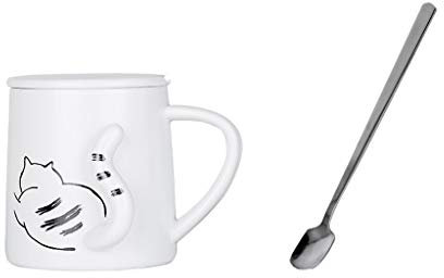 Mug Lovely Cat Ensemble de Tasses imprimées, Tasse en Forme de Chat 3D avec Couvercle et cuillère, Simple créatif, Tasse à café/thé/Eau/Lait en céramique Tasse à café (S)