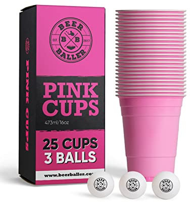 Pink Cups - 25 pinke Party Becher & 3 Bälle | spülmaschinenfest & wiederverwendbar | 473ml - 16oz Partybecher | rosa Party Cups | Original American Red Cups
