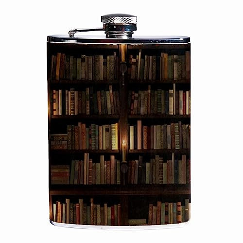 2Pcs Flachmann für Spirituosen für Herren 8 Unzen,Edelstahl auslaufsicherer Leder Wickelkolben mit Trichter,Bücher im Regal der Bibliothek