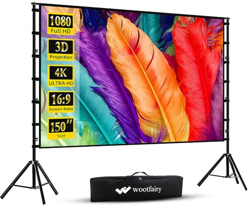 150 inch Projector Screen with Stand, Wootfairy Portable and Foldable Projection Screen 4K HD 16:9 Rear Front Wrinkle-Free Movie Screen with Carry Bag for Indoor Outdoor Home Theater Backyard Cinema