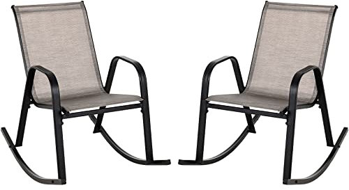 GOPLUS Schaukelstuhl 2er Set, Gartenstuhl atmungsaktiv mit ergonomischer Rücklehne & Armlehne, Balkonstuhl bis zu 150kg, Verandaschaukelstuhl Terassenstuhl für Garten Veranda Pool (Braun)