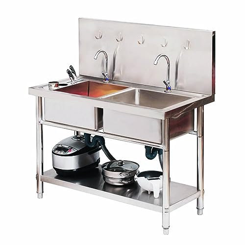 YOGAYE Evier INOX 2 bac évier sur Pieds en Acier INOX évier à Double cuve Évier INOX Autoportant avec Robinet et Support Convient pour la Cuisine de Restaurant de Vaisselle, Bar, entrepôt