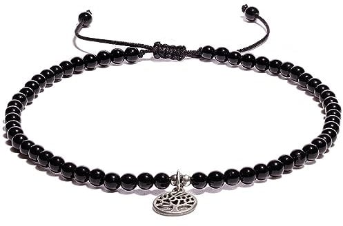 XHUUU Natural Black Agate Beaded Anklet Tree of Life Ankle Bracelets for Women Meditation Amulet Adjustable Handmade Healing Crystals Foot Accessiory Beach Relieve Anxiety Jewelry Gifts