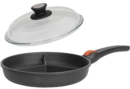 SKK große 2-tlg. Aluguss Antihaft Pfanne Ø 28 cm 3-fach geteilt - Induktion - ideal zum Braten dreierlei Speisen & Glasdeckel - Made in Germany