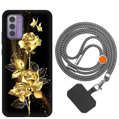 vingarshern Handyhülle Kompatibel mit Nokia G42 5G Hülle Silikon mit Aesthetic Muster,Stoßfest Schutzhülle mit Kordel,Weich Bumper Case mit Handykette/Umhängeban,Goldene Blume
