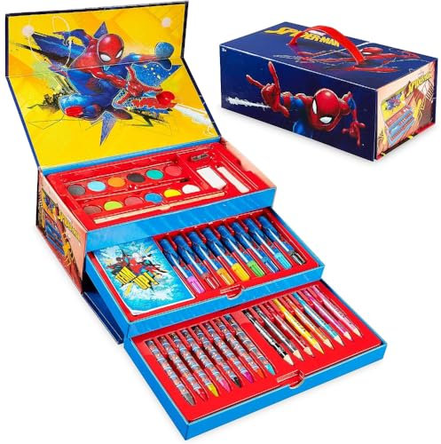 CARTOON Farbkoffer für Kinder Spiderman Marvel Set 52 Stück Farben und Schreibwaren Box mit Schubladen Zeichen- und Malset