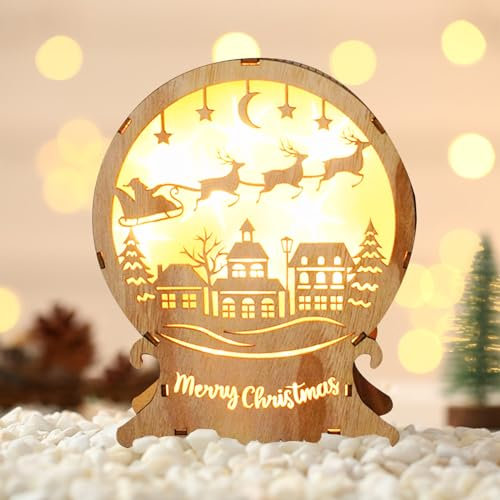 DAZZTIME Decoración Navideña Iluminada de Madera Led,Led de Madera Luces de Navidad,Adornos Navideños,Iluminación a Pilas,Adornos Madera Navideños para Favores de Fiesta de Navidad,(Navidad).