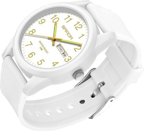 Montre à quartz analogique pour homme et femme - Étanche jusqu'à 50 m - Bracelet en silicone décontracté - Avec date, jour de la semaine, aiguilles luminescentes - Grands chiffres, Or blanc.