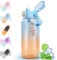 MOMSIV Trinkflasche 2L, 2 Liter Große Sport Wasserflasche mit Strohhalm und Früchtebehälter und Zeitmarkierungen, Auslaufsicher BPA-Frei Sportflasche für Fitness, Camping, Outdoor, Yoga, Blau