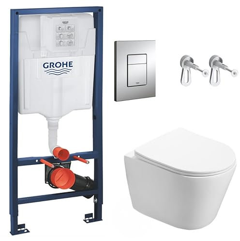 Hänge Spülkasten Wc Anschluss Set - Stützrahmen, Swiss Aqua Technologies Infinitio WC ohne Flansch, unsichtbare Befestigung, Chromplatte, Kloschüssel, Toiletten - Vorwandelement Komplettset, für Gäste