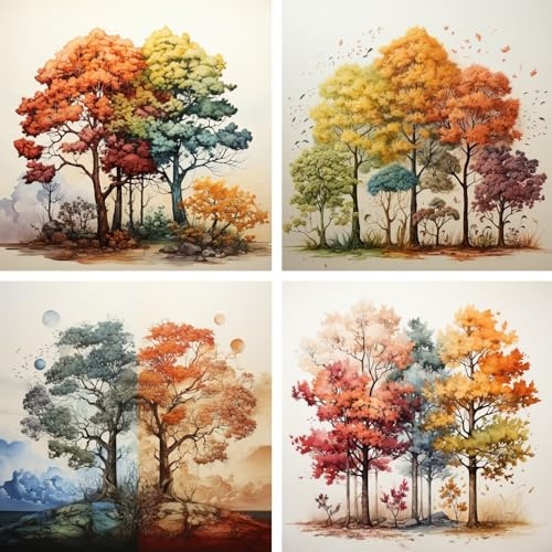 Diamond Painting Jahreszeiten set, 4 Pack Diamond Painting Erwachsene 5D Full Drill Eckige Klein Diamant Painting Bilder Baum, DIY Diamanten Painting Malen Nach Zahlen, für Wanddekor 10x10cm ZF-3256