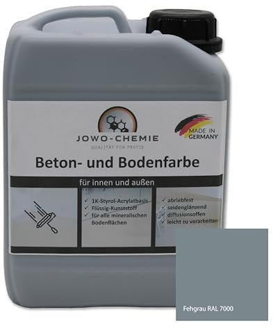 JOWO-CHEMIE Betonfarbe (2,5kg) Bodenfarbe Flüssig Kunststoff für 20m² Grauton Beton Estrichfarbe Beschichtungen (Fehgrau)