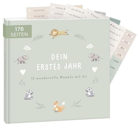 mintkind® Babyalbum Mein erstes Lebensjahr Salbei + Sticker Set | Baby Fotoalbum zum Selbstgestalten | Baby Geschenk für Mädchen und Junge | Babybuch zum Eintragen | Baby-Tagebuch ab 0 Monate