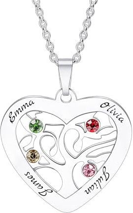 OTXIXTO Collier Arbre de Vie Personnalisé Pour Femme Collier Pendentif Arbre Généalogique avec 4 Nom/Pierre de Naissance Collier Arbre Généalogique en Argent 925 pour Fête des Mères (Style D: Cœur)