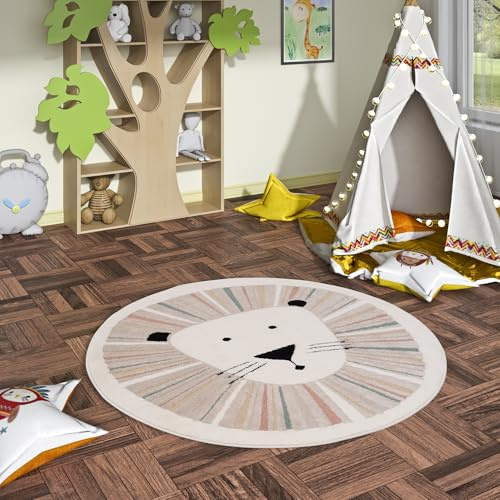Happy Kids Kinder Löwe Bunt Rund - Weich, Strapazierfähig & Schadstoffgeprüft - Hoch-Tief-Struktur, 100% Polypropylen, Pflegeleicht, rutschfest - Perfekt für Kinderzimmer