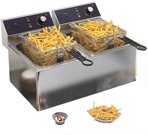 TT-YEC Friteuse Électrique Commerciale À Double Réservoir, Friteuse En Acier Inoxydable Avec Thermostat, Grande Friteuse Double, 3000 W × 2, Récipient À Huile Amovible Et Panier,20l