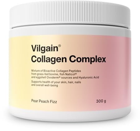 Vilgain Kollagen Komplex Beauty Kollagen mit Hyaluronsäure, für Haut, Haare & Nägel, Anti-Aging, Feuchtigkeit, natürliche Inhaltsstoffe, 3 bioaktive Kollagenquellen (300g, Birne und pfirsich)