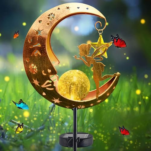 YeahBoom Mond Solarleuchten Garten, Metall Mond Solar Gartenleuchte, LED Glaskugel Gartenleuchte, Solarleuchte mit Erdspieß, Gartendeko für Hof Rasen, Freien Solarlampe Außen