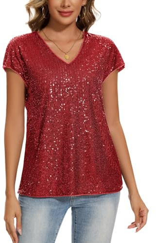 MINTLIMIT Tops for Women Sequin Sparkly Shirts Cap Sleeve V Neck Blouse Glitter Sequined Tunic Top Loose Casual Party