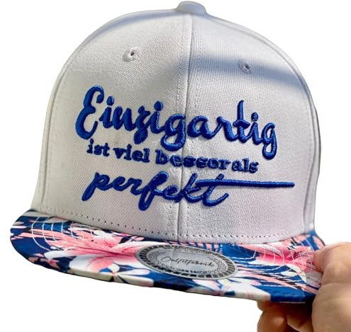 Outfitfabrik Snapback Cap „Einzigartig ist viel Besser als perfekt“ in weiß, Schirm mit Motiv Lilie, 3D-Stick, Unisex, verstellbar an der Rückseite