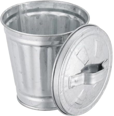 Yjemle Silver Mini Galvanized Trash Can with Lid Mini Wastebasket Trash Can Small Metal Buckets with Lids Tabletop Trash Metal Rubbish Bin Flower Pot Pen Holde, Dollhouse Decor Accessories