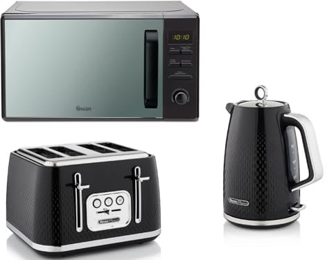 Swan Elegance Black 1.7L 3KW Kettle, 4 Slice Toaster & 20L 800W Digital Microwave SM4421BLK Contemporary Matching Kettle, Toaster & Microwave Set with a Premium Sleek Black Finish