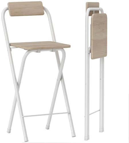 HOMCOM Lot de 2 tabourets de Bar Pliables, chaises de Bar, Chaise Haute Cuisine avec Dossier et Repose-Pieds, Cadre en Acier, 87 cm de Haut, Effet Bois Naturel