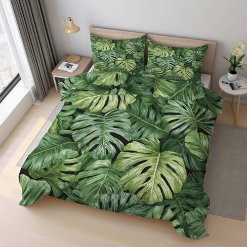 Generisch Monstera Bettwäsche 135x200cm, Tropisch Pflanzen Botanisch Bettwäsche-Sets 2 Teilig, Bettbezug + 1 Kissenbezüge 80x80cm Weich Mikrofaser mit Reißverschluss 21D&-17