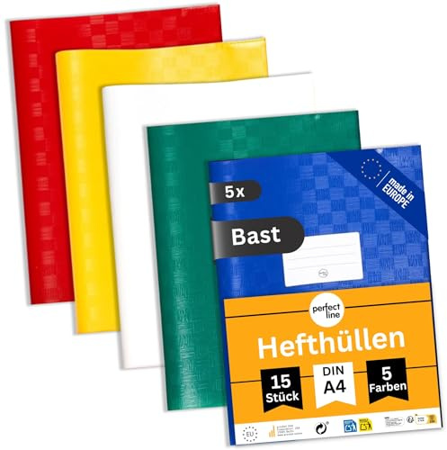 perfect line - 75 Bast-Hefthüllen DIN-A4, 5 Farben, Heftumschlag mit Beschriftungsetikett, Heftschoner aus recyclebarem PP, dokumentenecht (5 Sets á 15 Stk.)