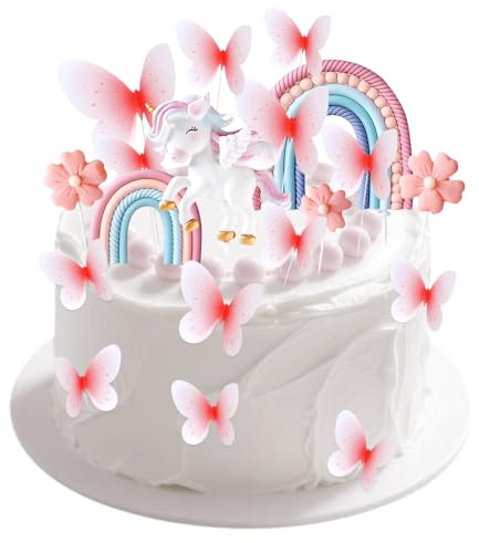 Unicorn Birthday Cake Decorations,18 PCS Unicorn Edible Cake Topper Figures, Rainbow Cake Toppers,Butterfly Flowers Edible Cupcake Decorations Happy Birthday Enicorn Party for Boys Girls Kids