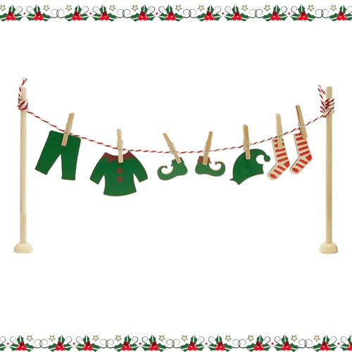 ALLY-MAGIC Wichtel Zubehör, Puppenhaus Zubehör, Weihnachten Miniatur Wäscheständer Set mit Weihnachtself Kostüme Holz für Puppenhaus Möbel, Wichteltür Zubehör Weihnachten E24-SDJGS