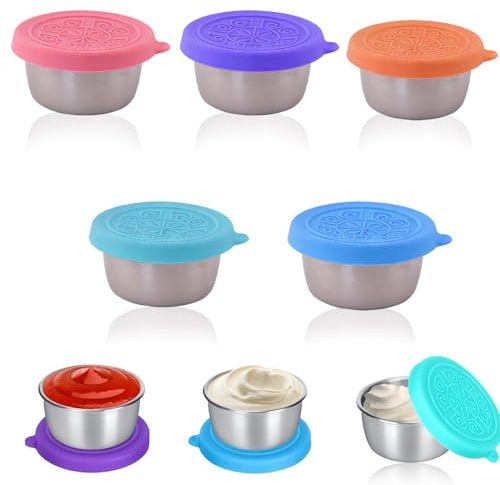 LINLINOI 5 Stück 50ml Edelstahl Dressing Behälter mit Silikondeckel, Auslaufsicher Bento Zubehör, Mini Snackbox für Kinder & Camping, Kleine Salatdressing Dosen