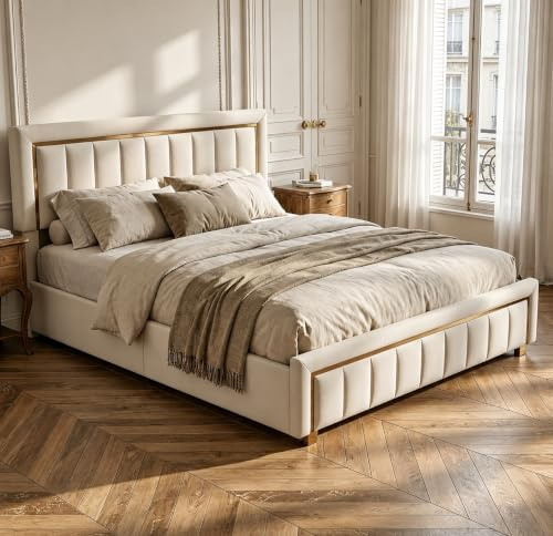 BRILVERDE Polsterbett 160x200 mit Stauraum, Hydraulisch Stauraumbett, Doppelbett mit kopfteil, Bettgestell mit Lattenrost, Bettrahmen für Erwachsene, Samt (Beige, 160 x 200 cm)