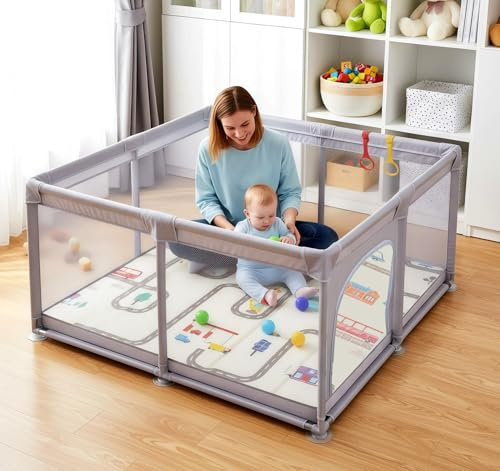 Lindahandel Laufstall Baby 120x120 cm mit Spielmatte,Laufgitter Baby mit Matratze,600D Oxford Faltbar Playpen mit 50 Bunte Bälle–Der sichere Spielpark für Kind |Perfekter Laufgitter