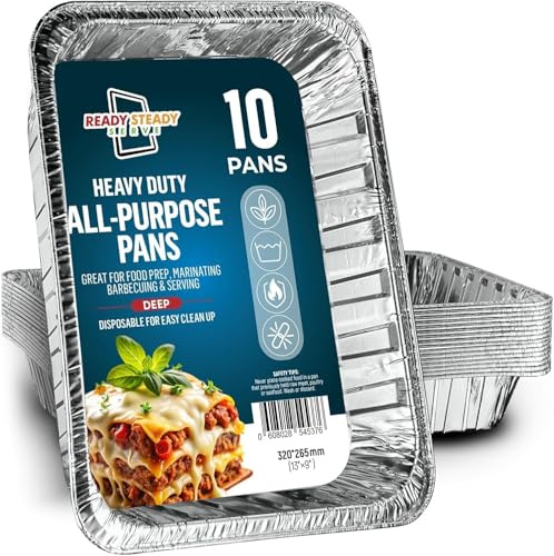 ReadySteadyServe Large Aluminium Foil Trays, 32 x 26 cm, Extra Heavy Duty Tin Disposable Deep Foil Pans for Baking, Roasting, BBQ, Cooking & Chafing, 9x13 inch, Pack of 10 Trays