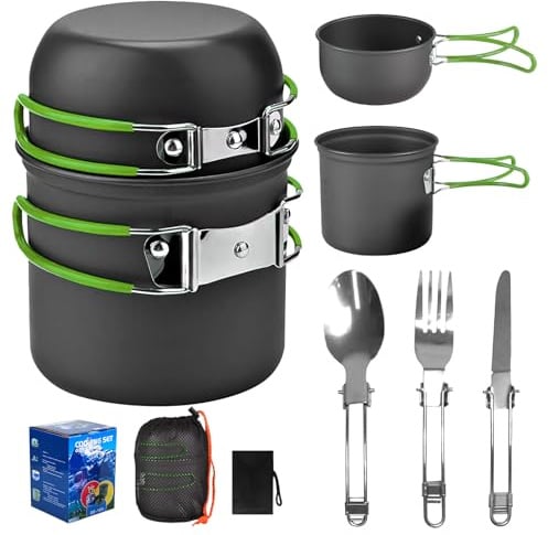 QIANAI Camping Kochgeschirr Set, Essgeschirr Outdoor, Outdoor Kochset, Camping Kochgeschirr Set für 1-2 Personen, Leicht zu Tragen Camping Cooking, für Camping, Kochen im Freien, Wandern, Reisen
