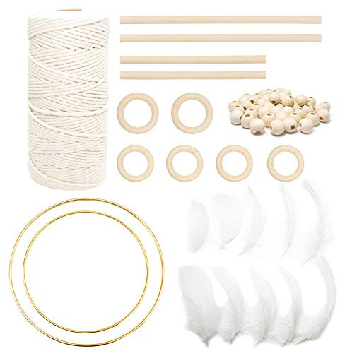LLGLEU Makramee Garn Baumwollgarn 3mm x 100m mit 80 Pcs Holzperlen, 4 Pcs Holzstäbchen, 6 Pcs Holzringe, 2 Pcs Metall Goldringe und 10 Pcs Federn zum Basteln Wandbehänge Pflanzenbügel Traumfänger
