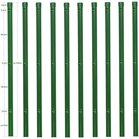 10 Stück Metallpfosten Zaunpfahl aus Metall Ø 34 mm 1200mm lang für 1,0m hohe Metall Zaunanlage aus Maschendrahtzaun in grün RAL 6005. Mit 3 vormontierte Spanndrahthalter und Pfostenkappe.