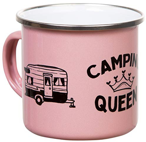 MUGSY Emaille Tasse, Camping Queen Wohnwagen-Motiv, 300ml, Pink, leicht & bruchsicher