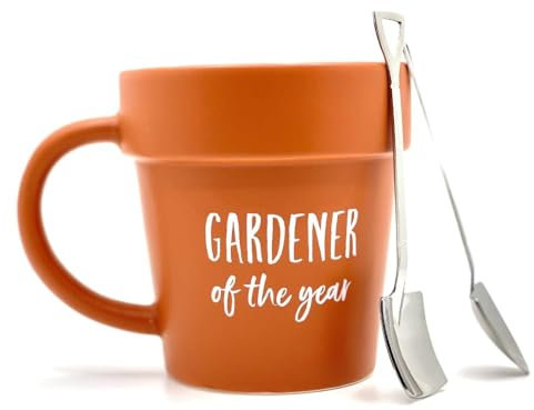RAJX Gardener Mug, Novelty Gifts for Christmas, Ceramic Tea and Coffee Cup with Shovel Spoon, Coffee Cups Gift for Mum, Plant Pot Cup for Nature Lovers on Mothers Day and Birthdays