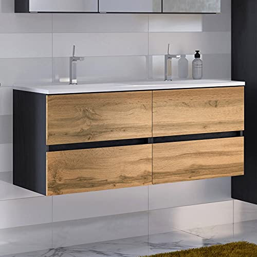 Waschtischunterschrank Luna 120cm mit Doppelwaschbecken und 4 Schubladen - graphit/quecksilber