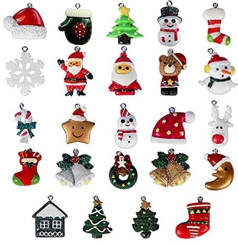 Navidad Colgante Decoración, 24 Piezas Mini Adornos Navideños, Resina Papá Noel Árbol de Navidad Muñeco de Nieve Reno, Miniaturas Navidad Colgantes para DIY