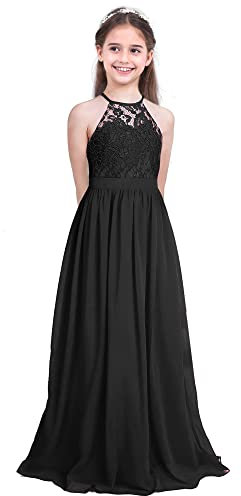 IEFIEL Enfant Filles Robe De Mariage Princesse Dentelle Longue Robe De Soirée Cocktail sans Manches Robes Bustier Baptême Demoiselle Honneur Fête Noir 10 Ans