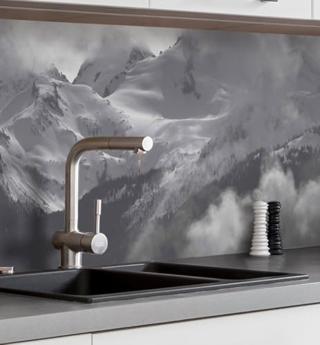 MyMaxxi Küchenrückwand selbstklebend – Matte, 0,4 mm Premium Spritzschutz Folie als günstige Alternative zu Glas, einfache Montage & leichte Reinigung – Motiv: Berge schwarz weiß B 220 cm x H 60 cm