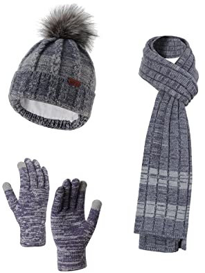 NATUST Mütze Schal Handschuhe Set Damen Winter Dickes Strickset Weiche Warme Gestrickt Langer Schal Touchscreen Handschuhe Navy Blau