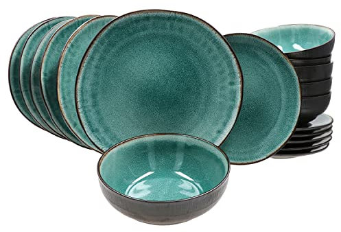 Mambocat Reactive Glaze Green 18-tlg. Teller Set I 6 Personen I mintfarbene handgefertigtes Geschirr-Set mit Kupfer-Optik I Je 6x Speiseteller, Bowl-Schalen & Frühstücksteller I Steingut