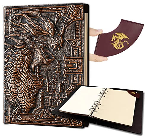 Ancient Deer DND-Notizbuch/Tagebuch, einzigartiges 400-seitiges Buch mit 3D-Drachen, Leder, nachfüllbar, 6-Ringen-Ordner und Lesezeichen für Dungeons und Drachen, D&D-Würfelzubehör, Rollenspiele,