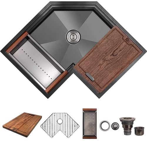 Strictly Sinks 30 Inch Corner Kitchen Sink Undermount– 16 Gauge Stainless Steel Butterfly Sink Undermount, Scratch & Stain Resistant Corner Single Bowl Workstation Sink with Accessories (Black)