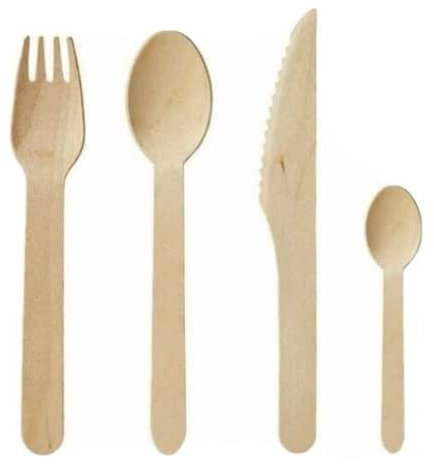 24 Pcs Disposable Wooden Cutlery Set| 100% Biodegradable Compostable Eco-Friendly Plastic Free Natural Birch Wood| Wedding Picnic Party Outdoor Office BBQ| 6 Forks, 6 Knives, 6 Spoons, 6 Tea Spoons