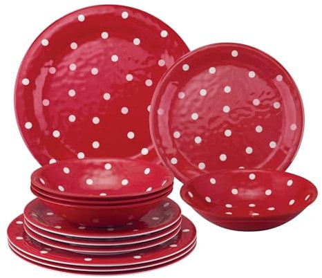 UPware 12-Piece Melamine Dinnerware Set, Includes Dinner Plates, Salad Plates, Bowls, Service for 4 (Red Polka Dot)
